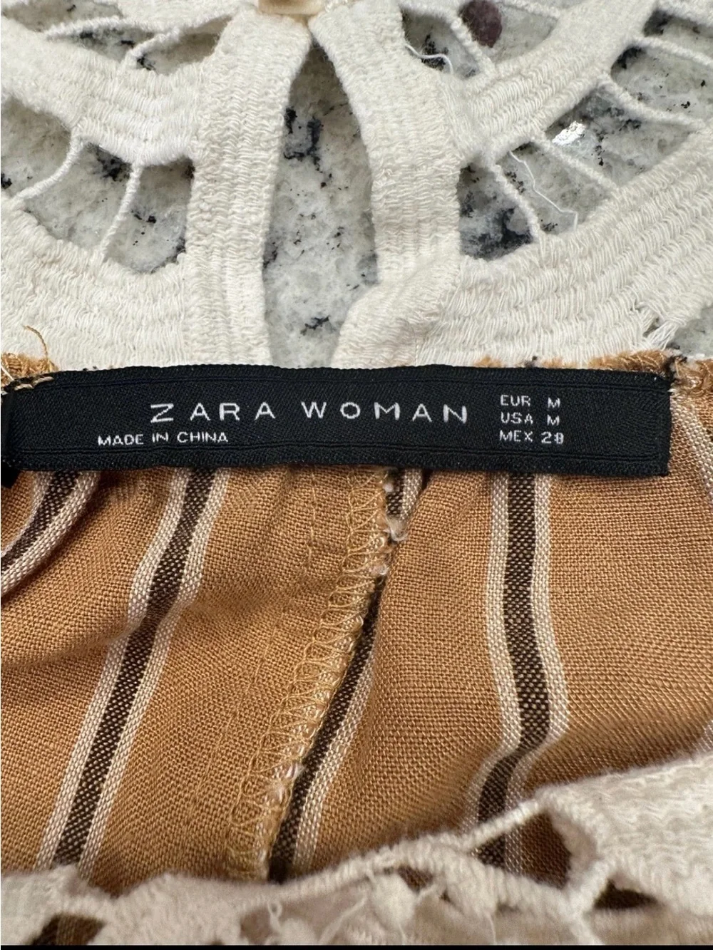 Zara Tan Pinstripe Blouse with White Crochet Yoke